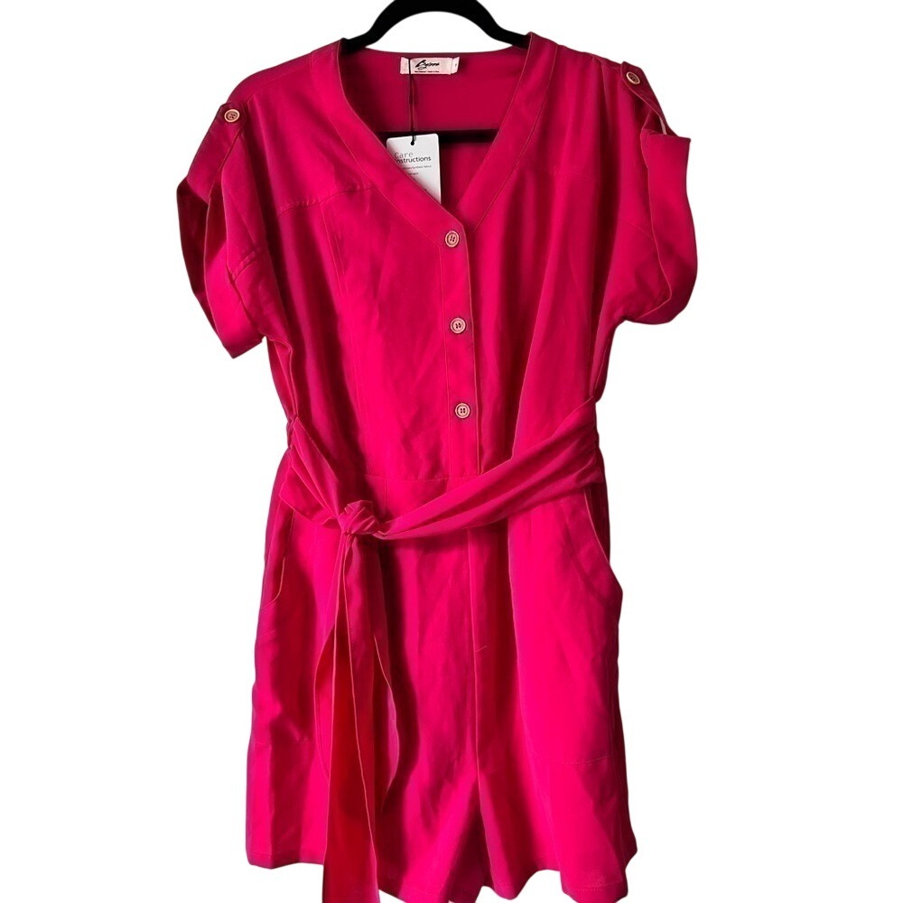 Automet Womens Fuchsia Pink V-Neck Button Front Tie Waist Romper Short Jumpsuit